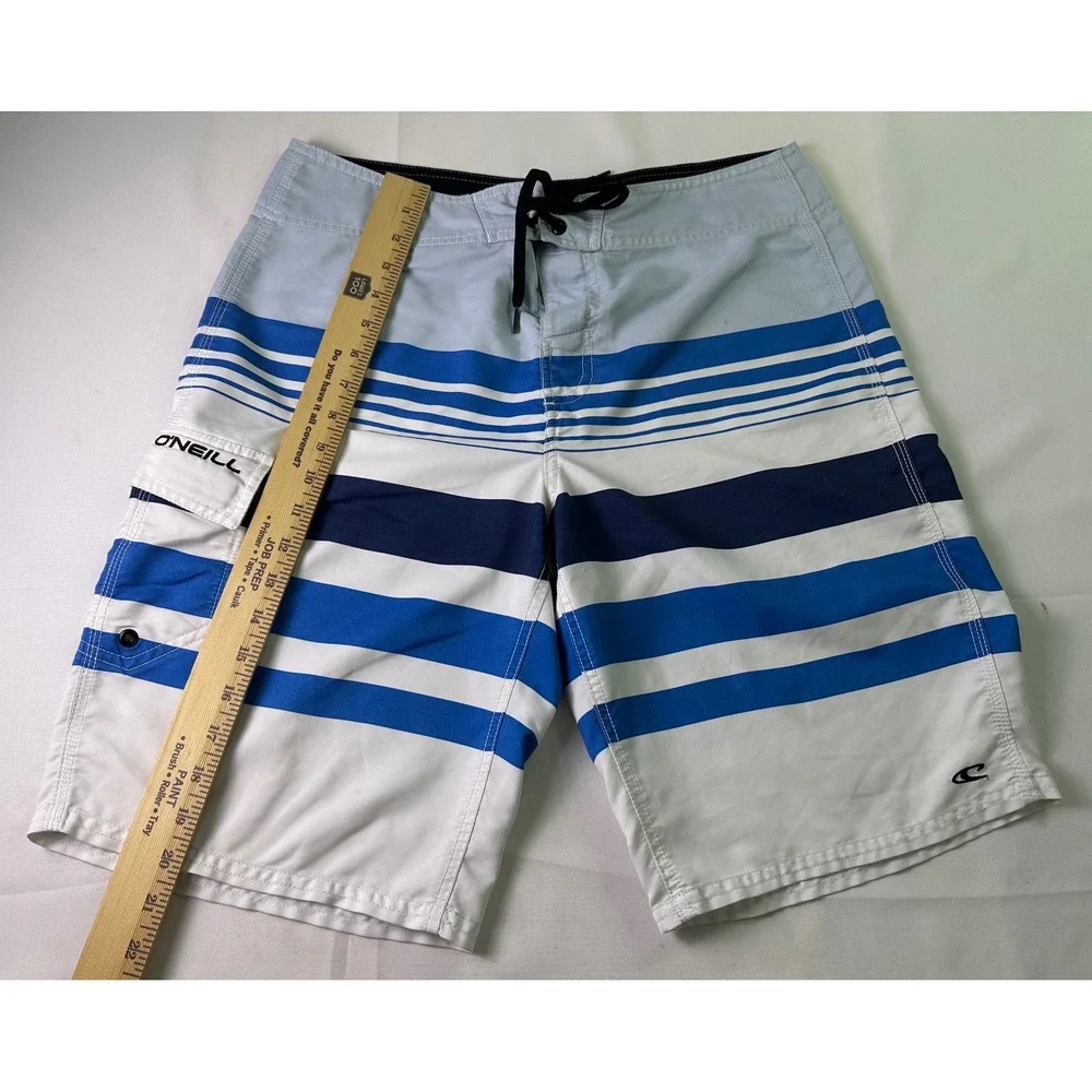 O'Neill Mens Sz 32 Board Shorts Blue White Striped Surf Swim Trunks Cargo Pocket